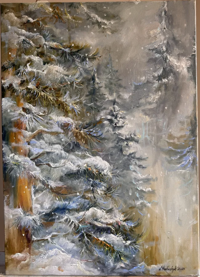 Snow-covered branches reach across a misty forest, where distant fir trees dissolve into grey light and thick white strokes build the foreground.