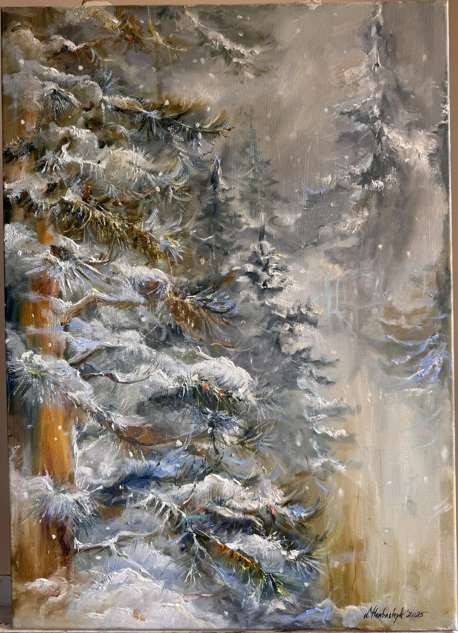 Snow-covered branches reach across a misty forest, where distant fir trees dissolve into grey light and thick white strokes build the foreground.