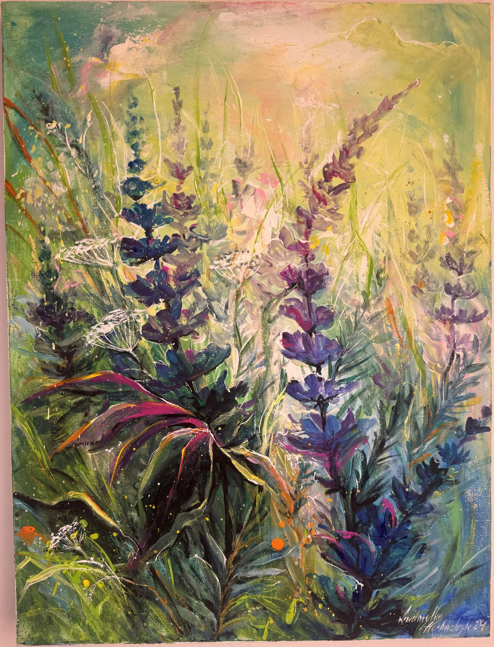 Tall violet flower spikes and fine meadow stems rise through a glowing yellow-green ground. Dark leaves, delicate white seed heads and flashes of pink, orange and blue create a lively tangle of colour and line.