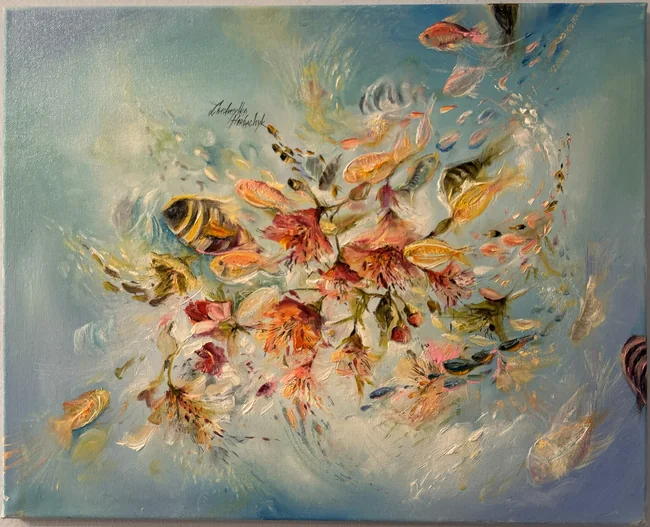 Colourful fish drift among flower-like forms, fine stems and sweeping strokes on a pale blue-green ground. Thick pink, orange and gold marks bring movement to the centre of the composition.