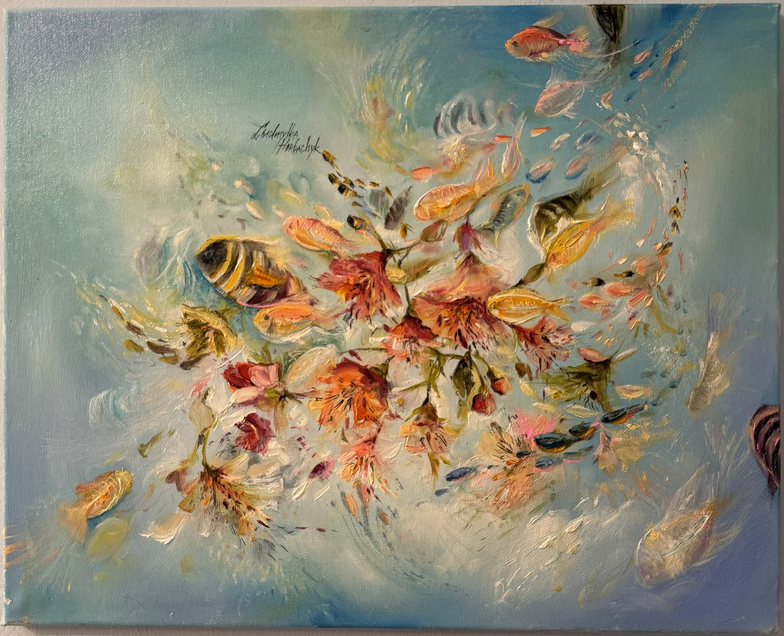 Colourful fish drift among flower-like forms, fine stems and sweeping strokes on a pale blue-green ground. Thick pink, orange and gold marks bring movement to the centre of the composition.