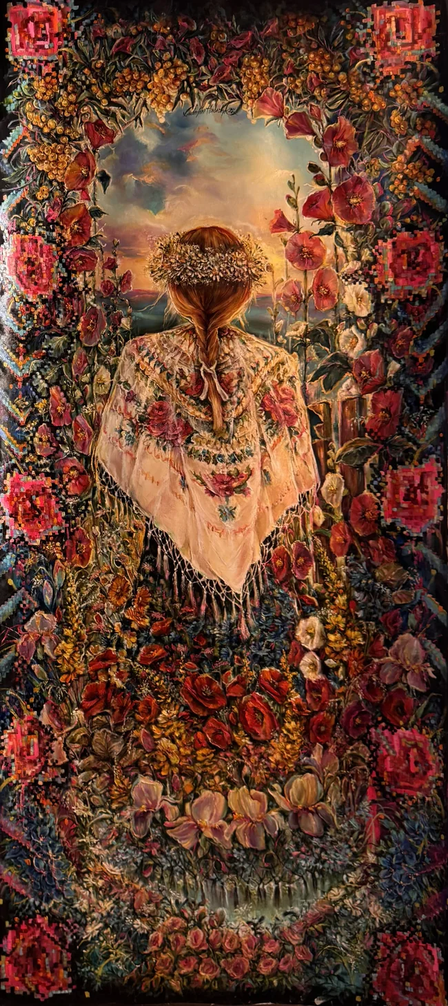 A braided figure faces an open sky, surrounded by red flowers, berries, and embroidery-like borders in a richly layered, elongated composition.