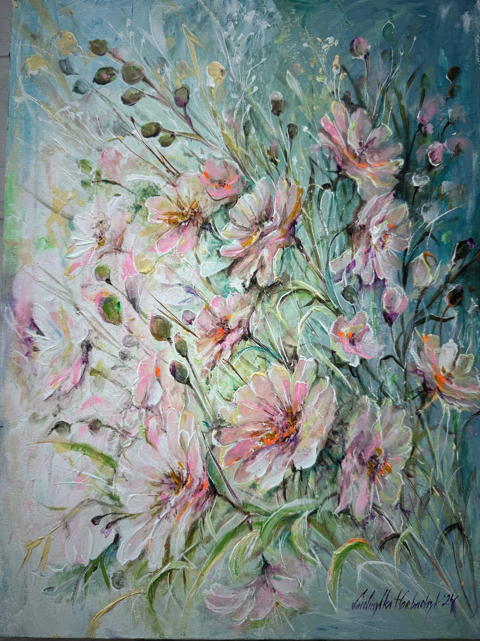 Pale pink flowers and slender stems spread across a cool turquoise ground, with small orange centres and raised white strokes catching the light.