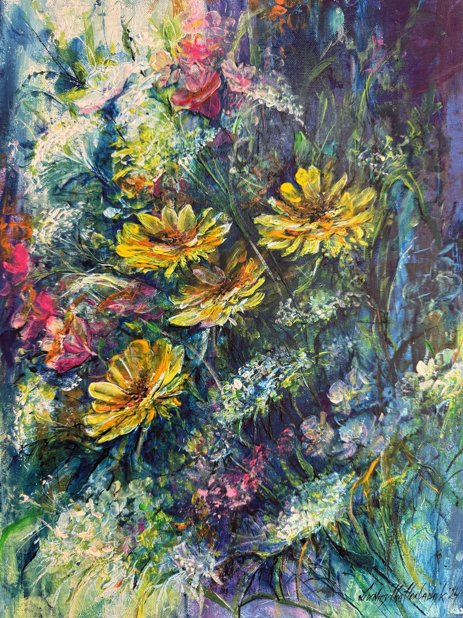 Yellow flowers rise from a deep blue-green field of stems and layered marks, with white, magenta, and violet accents scattered across the surface.