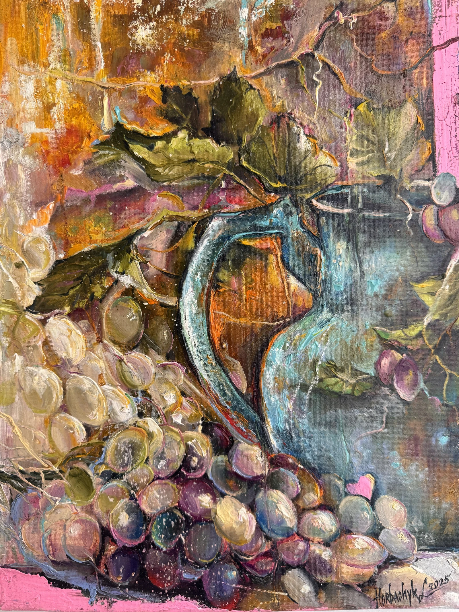 A turquoise pitcher stands among green and purple grapes, broad leaves, and curling vines, with warm ochre and vivid pink passages around it.