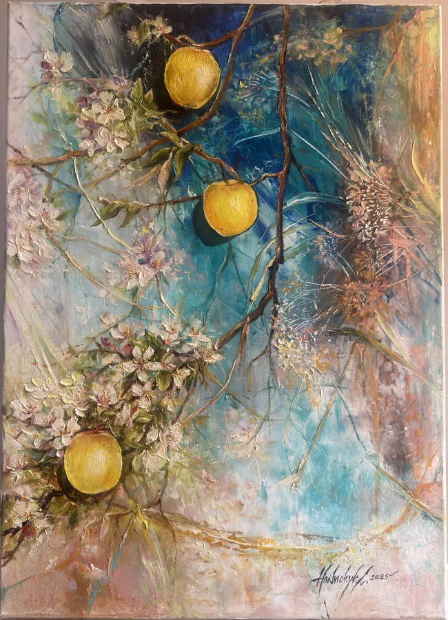 Three round golden fruits hang among fine branches and pale blossoms. Blue, turquoise and warm pink strokes form a layered background, crossed by delicate lines and raised textures.