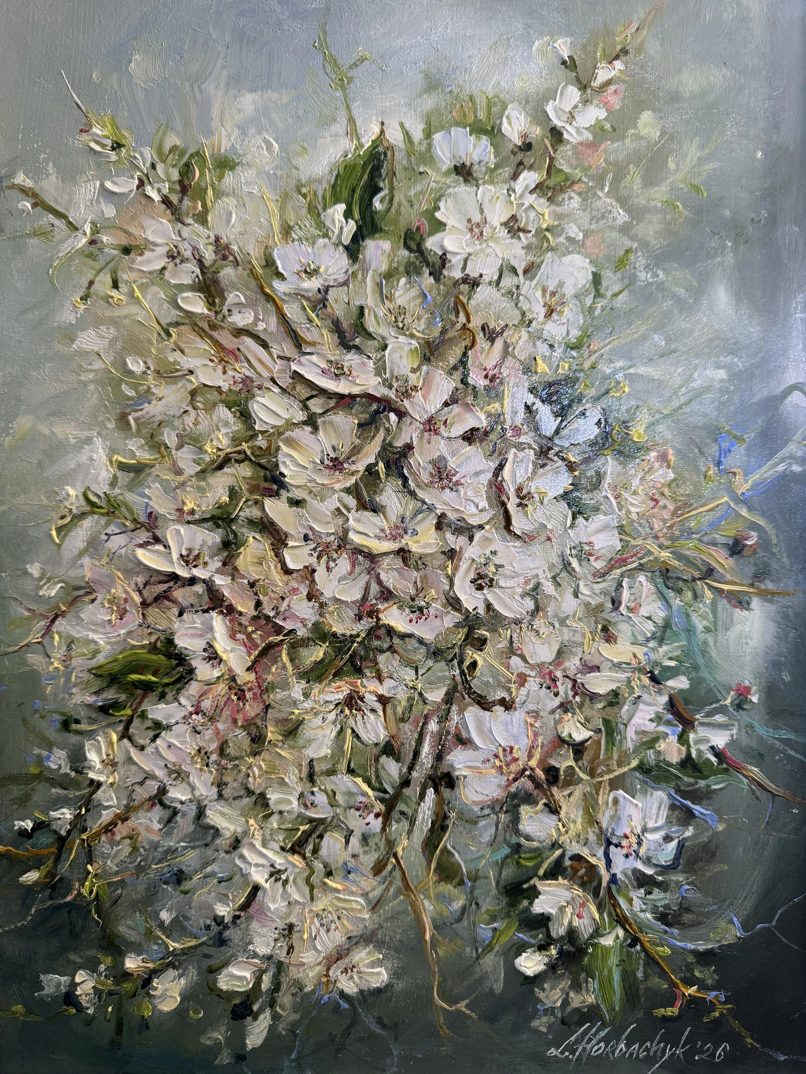 A profusion of white and pale pink blossom fills a cool grey-green field. Thick, luminous petals gather around slender twisting branches, with fresh green leaves and fine yellow lines lending movement to the composition.