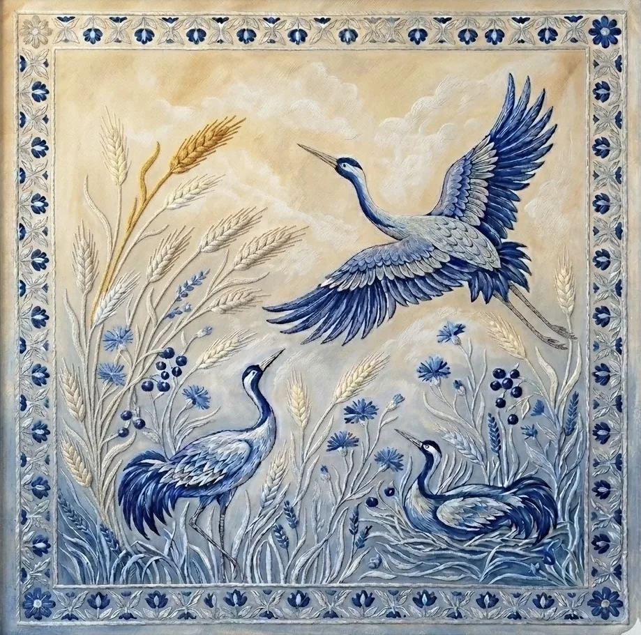 Blue cranes, cornflowers and ears of wheat fill a golden field, surrounded by a finely drawn floral border.