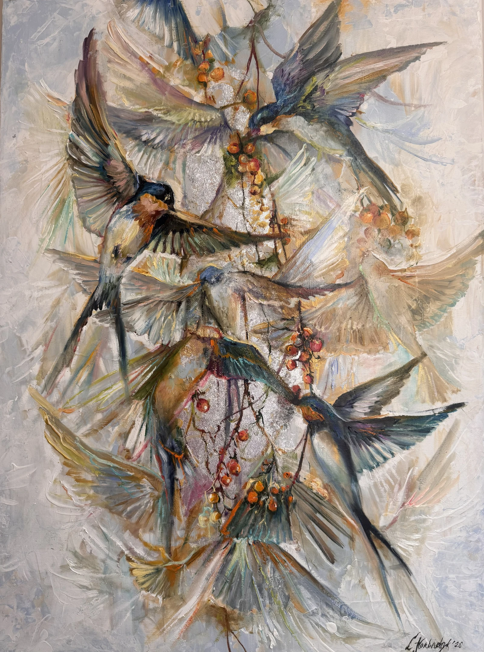Swallows cross a pale, textured ground with wings extended around hanging berries, combining dark blue plumage, warm orange accents, and sweeping curved marks.
