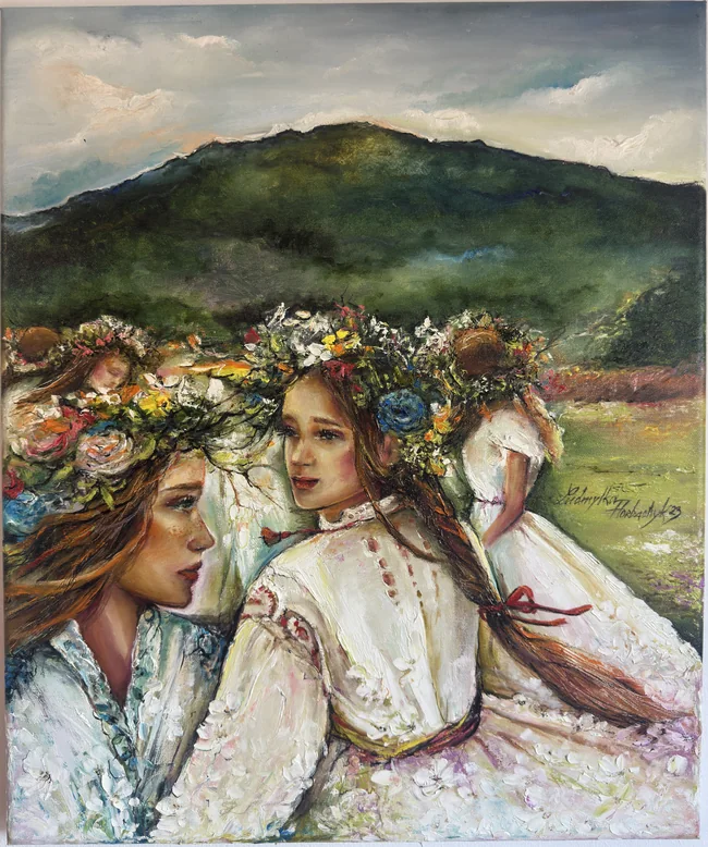 Women wearing embroidered white clothing and flower crowns gather before green hills, their faces and braided hair emerging through energetic, textured brushwork.