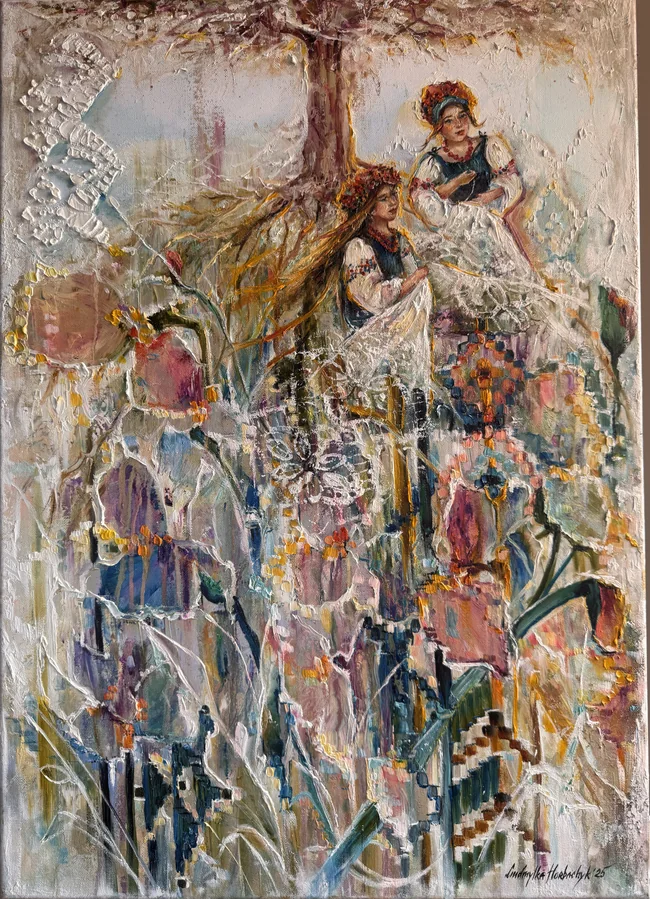 Two women in traditional dress appear beneath a tree, surrounded by lace-like white lines, floral shapes, and vertical passages of muted colour.