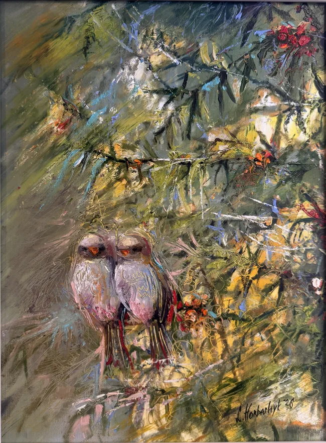 Two small birds perch closely together amid a lattice of branches and berries, their lavender plumage set against lively olive, gold, and blue strokes.