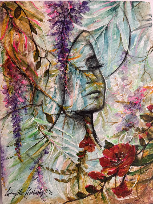 A female profile emerges among translucent green leaves, slender branches, lilac flowers and red poppies. Fine pale lines and layered colour move across the face and surrounding foliage.