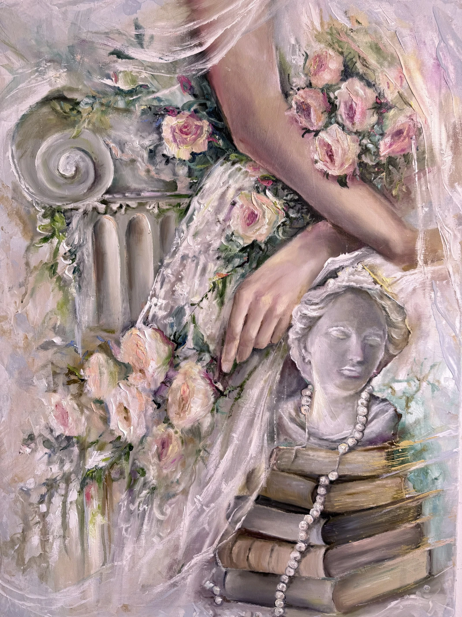 A seated female figure in a rose-patterned dress rests beside a classical bust and a stack of books. Pearls, pale drapery and an ornamental column unfold in soft pink, cream and muted green.