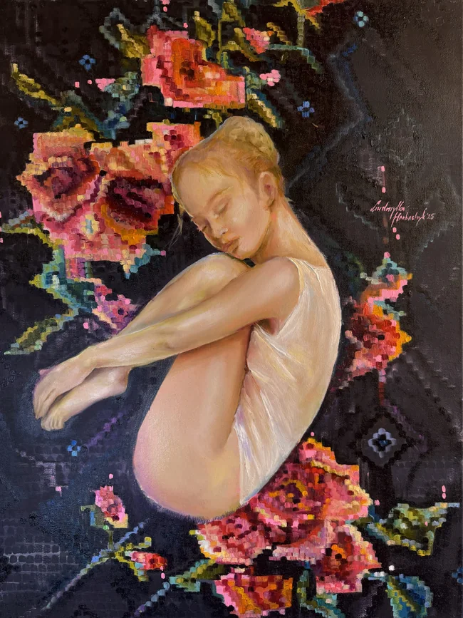A seated female figure curls inward against a dark ground, framed by vivid floral patterns with the angular rhythm of woven ornament.